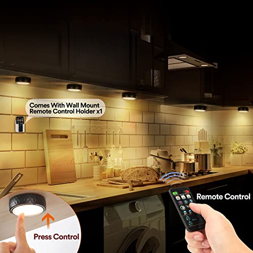 LED Puck Lights with Remote Control, Battery Operated Wireless Closet Light, Under Cabinet Lighting Stick on Tap Push Lights (Black)