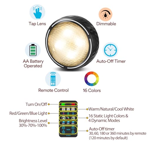 LED Puck Lights with Remote Control, Battery Operated Wireless Closet Light, Under Cabinet Lighting Stick on Tap Push Lights (Black)