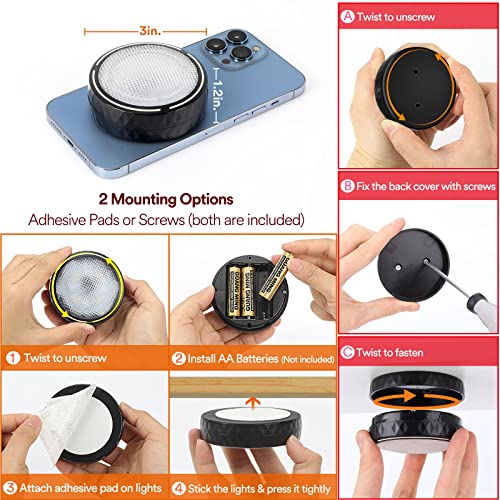 LED Puck Lights with Remote Control, Battery Operated Wireless Closet Light, Under Cabinet Lighting Stick on Tap Push Lights (Black)