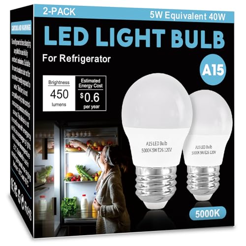 LED Refrigerator Light Bulb 2 Pack, Daylight White 5000K 120V 40W Equivalent Appliance Bulb, A15 5W E26 Base Waterproof Fridge Light Bulbs