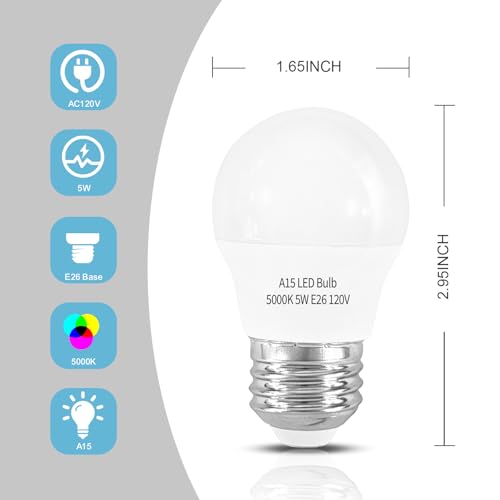LED Refrigerator Light Bulb 2 Pack, Daylight White 5000K 120V 40W Equivalent Appliance Bulb, A15 5W E26 Base Waterproof Fridge Light Bulbs
