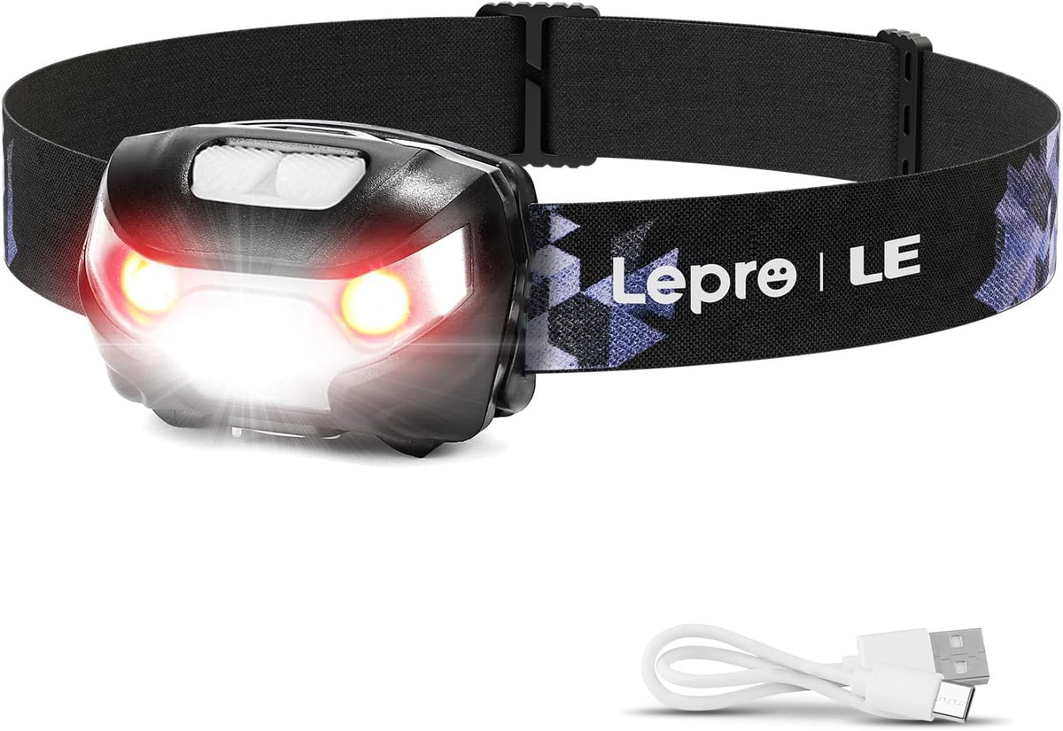 Lepro LED Headlamp Rechargeable - Super Bright Head Lamp with 5 Modes for Camping & Hiking Gear Essentials, IPX4 Waterproof Headlight Flashlight