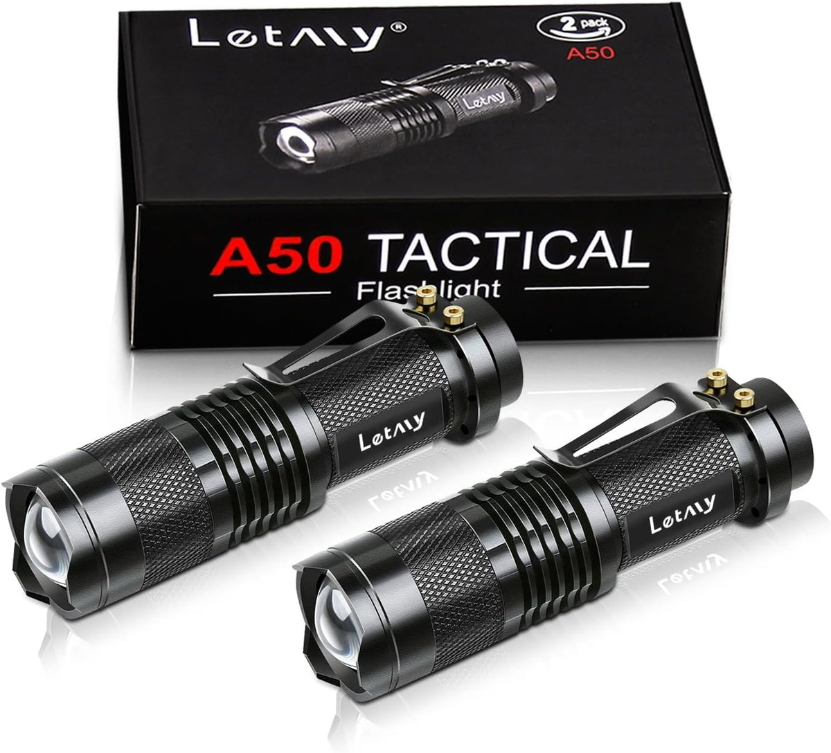 LETMY Tactical Flashlight, Super Bright LED Mini Flashlights with Belt Clip, Zoomable, 3 Modes, Waterproof, Hiking, Camping (2 Pack)
