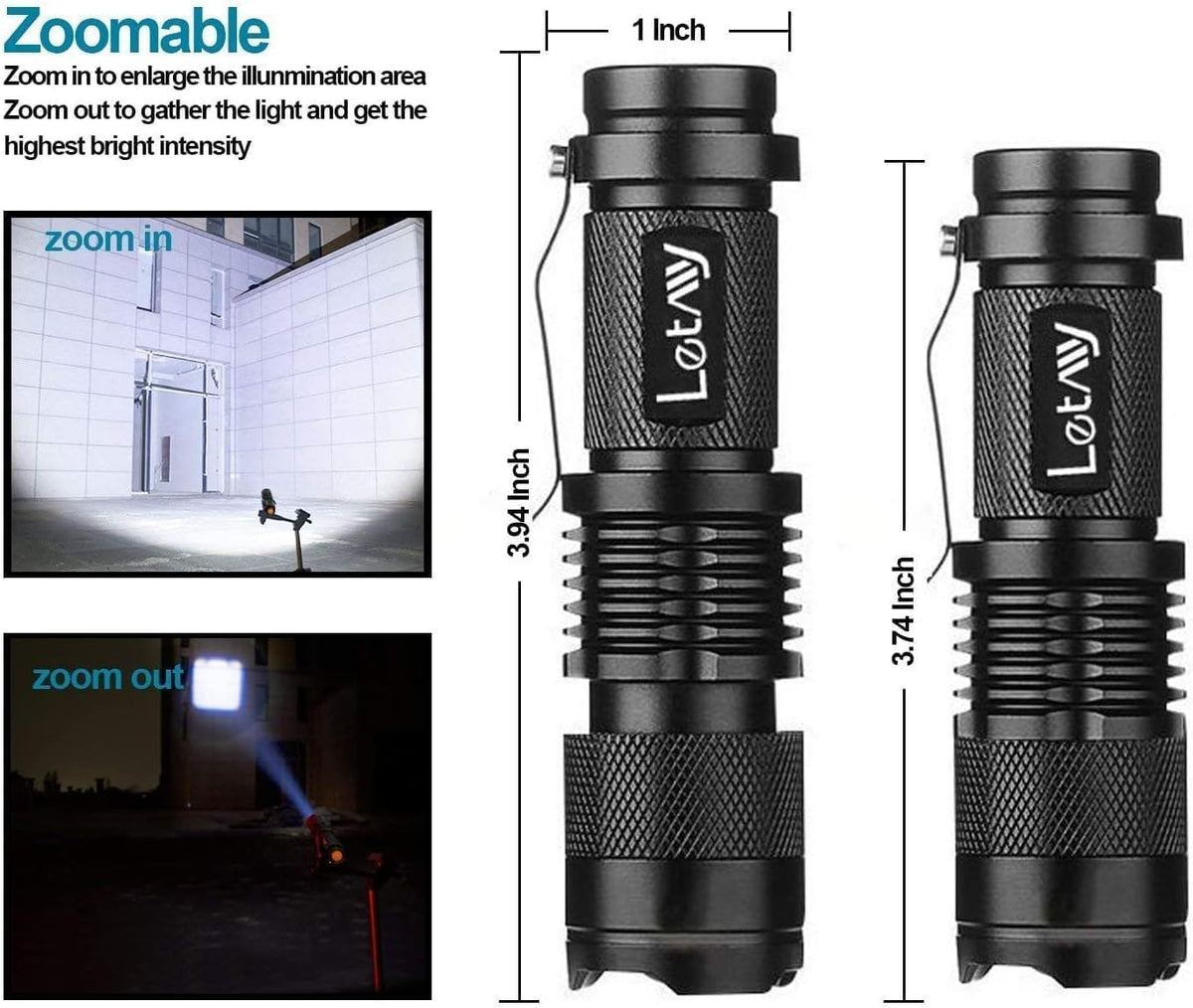 LETMY Tactical Flashlight, Super Bright LED Mini Flashlights with Belt Clip, Zoomable, 3 Modes, Waterproof, Hiking, Camping (2 Pack)