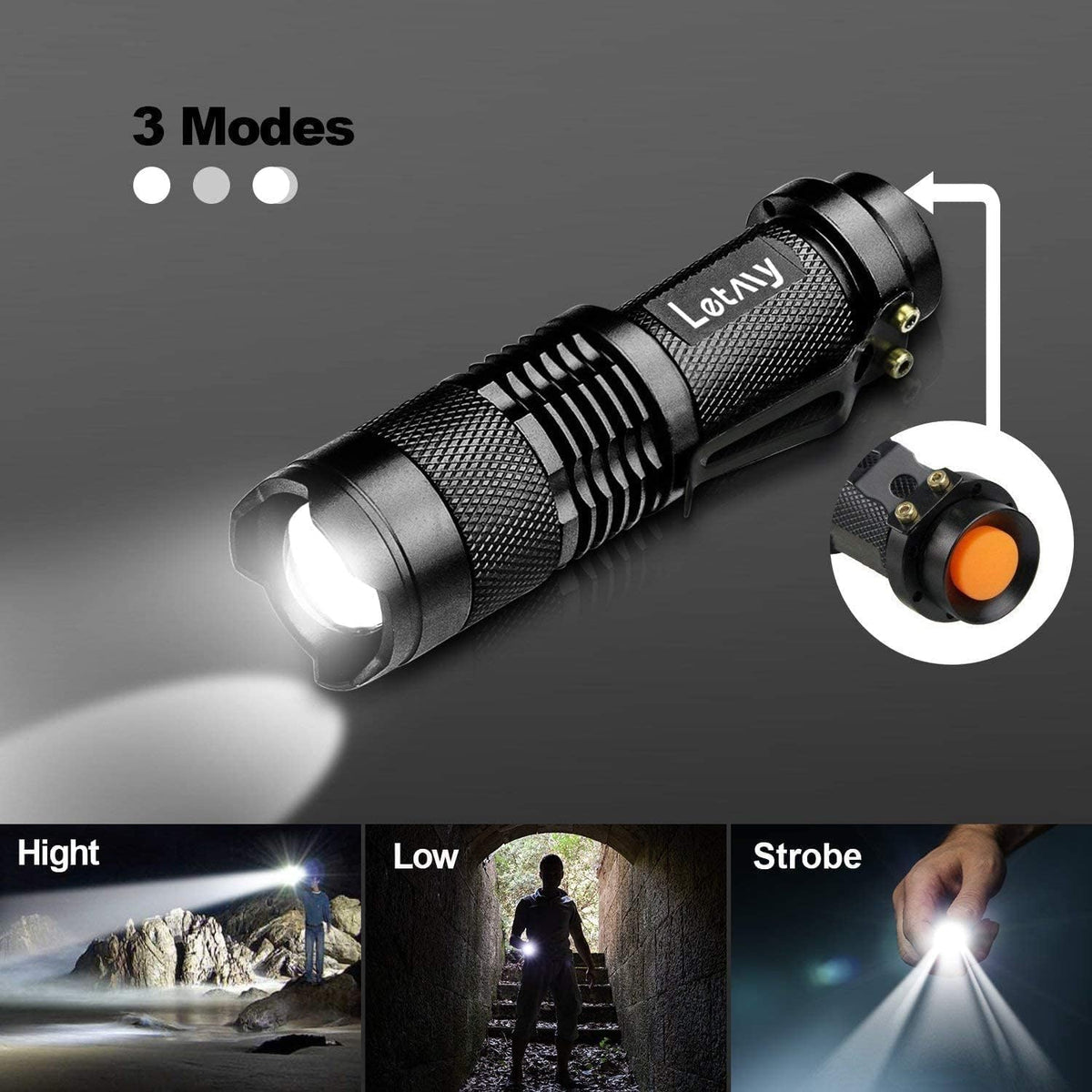 LETMY Tactical Flashlight, Super Bright LED Mini Flashlights with Belt Clip, Zoomable, 3 Modes, Waterproof, Hiking, Camping (2 Pack)