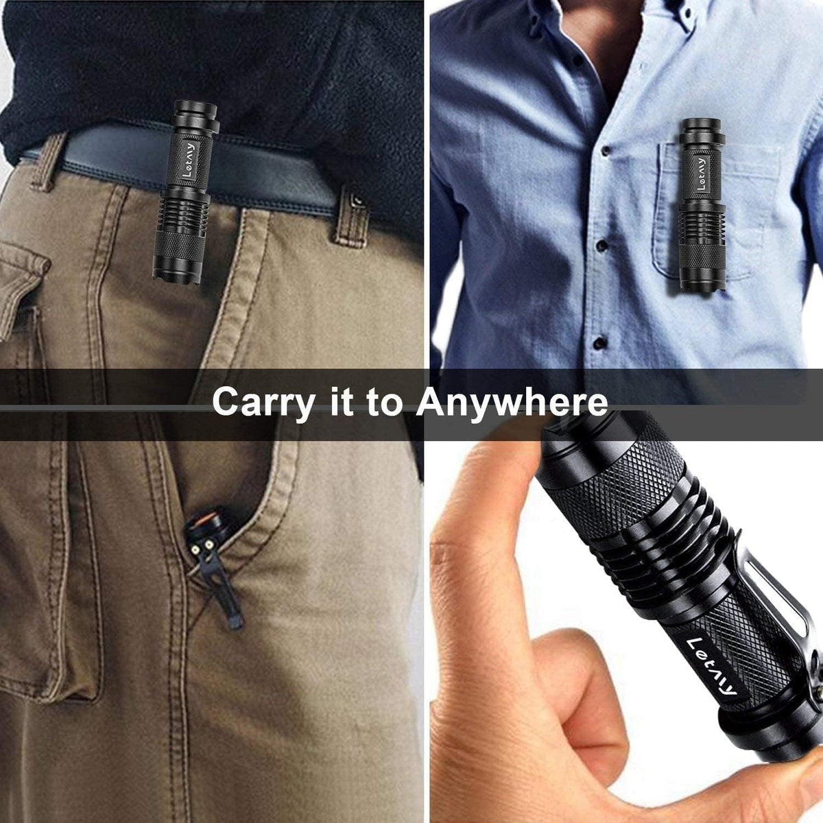 LETMY Tactical Flashlight, Super Bright LED Mini Flashlights with Belt Clip, Zoomable, 3 Modes, Waterproof, Hiking, Camping (2 Pack)