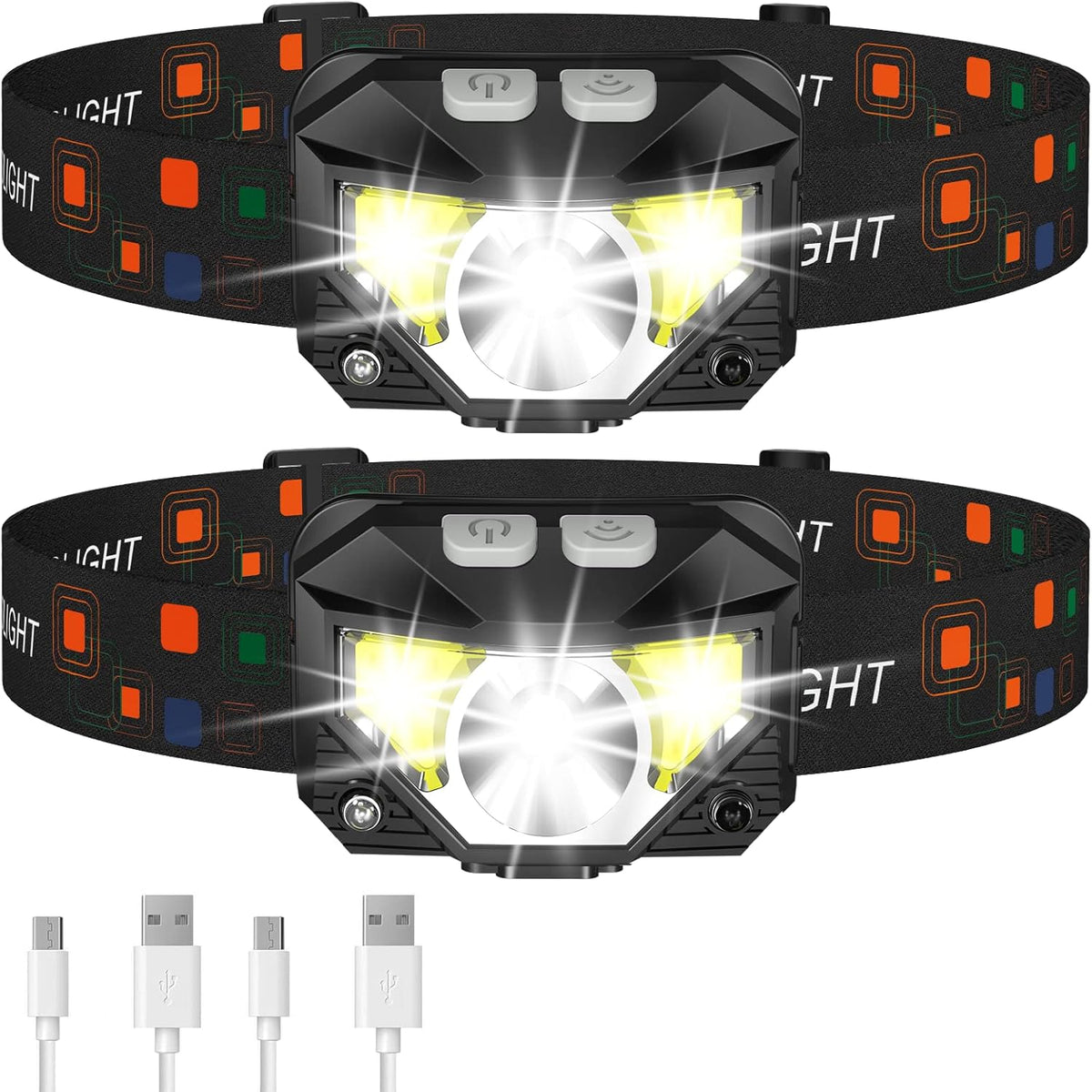 LHKNL Headlamp Flashlight, Lumen Ultra-Light Bright LED Rechargeable Headlight with White Red Light, 2-Pack Waterproof Motion Sensor Head Lamp