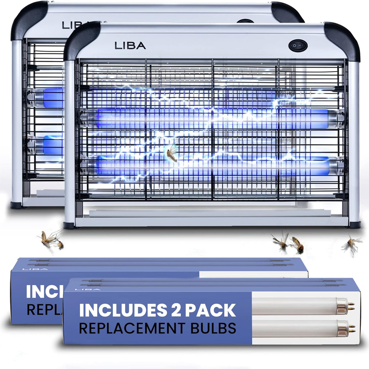 LiBa Electric Bug Zapper (2-Pack) Indoor Insect Killer - (4) Extra Replacement Bulbs - Fly, Mosquito Killer and Repellent - Lightweight