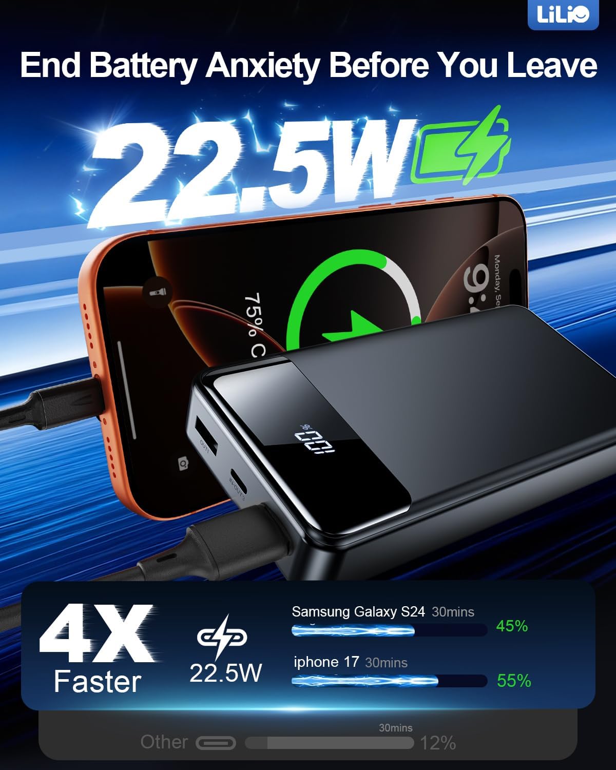 LILIO Portable Charger Power Bank, 60,000mAh Battery Pack, 22.5W Power Bank Fast Charging with USB Cable (Black)
