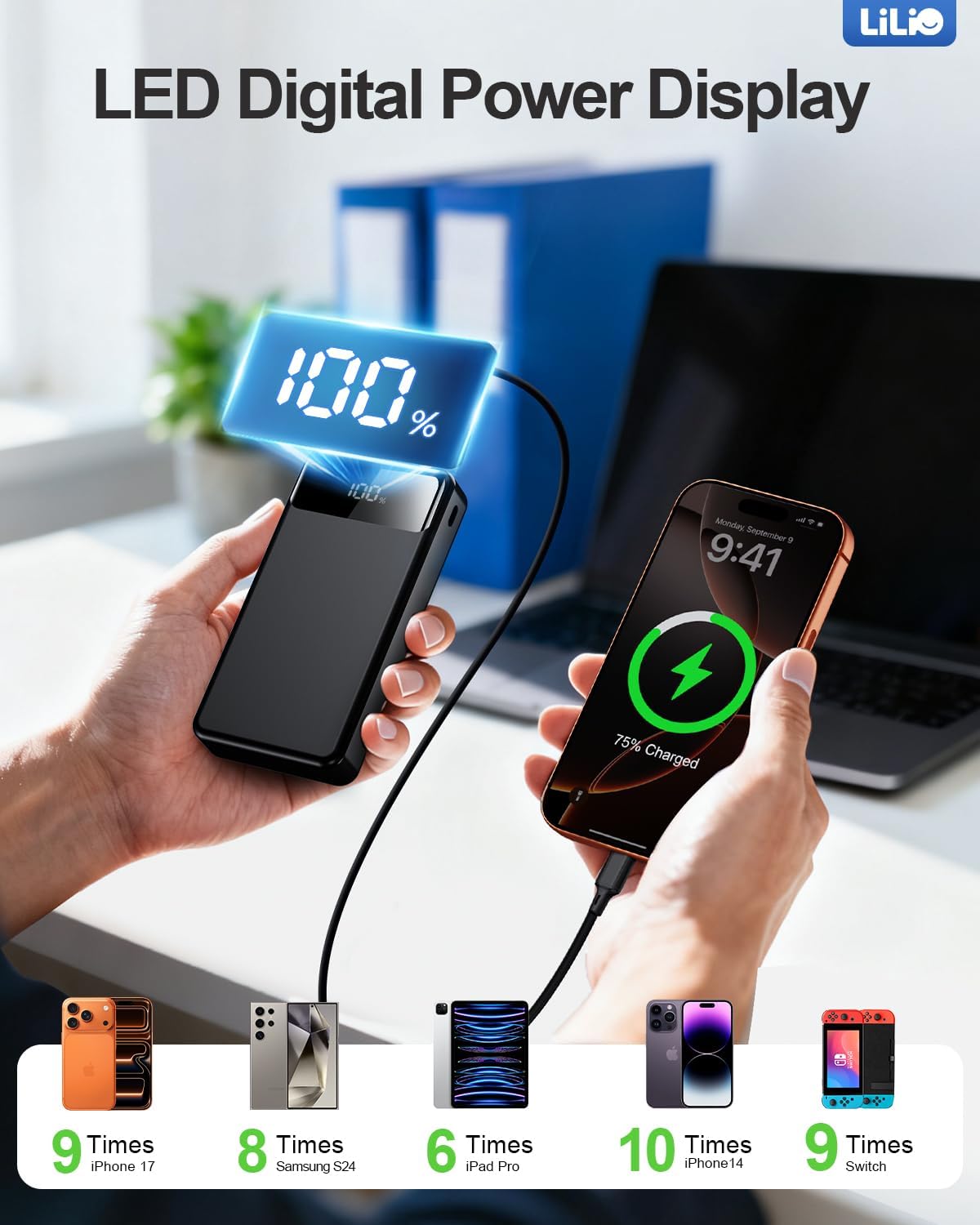 LILIO Portable Charger Power Bank, 60,000mAh Battery Pack, 22.5W Power Bank Fast Charging with USB Cable (Black)