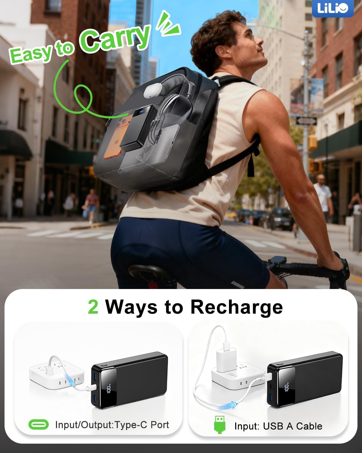 LILIO Portable Charger Power Bank, 60,000mAh Battery Pack, 22.5W Power Bank Fast Charging with USB Cable (Black)