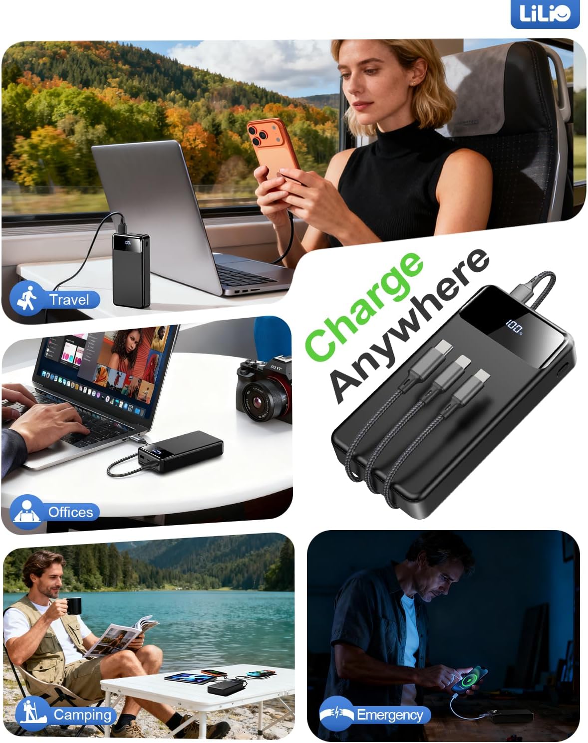 LILIO Portable Charger Power Bank, 60,000mAh Battery Pack, 22.5W Power Bank Fast Charging with USB Cable (Black)
