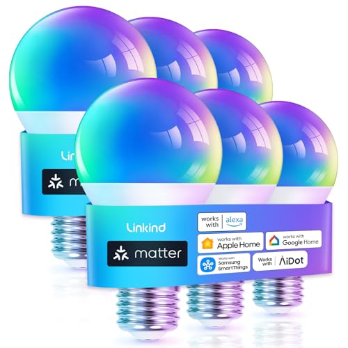 Linkind Matter Smart Light Bulb, WiFi Smart Bulbs, Work with Apple Home, Siri, Alexa, Google, SmartThings, RGBTW Color Changing Bulbs Mood Lighting