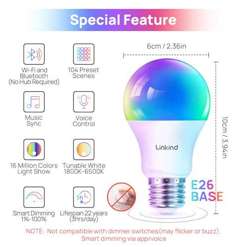Linkind Smart Light Bulbs, Smart Bulb That Work with Alexa & Google Home, LED Light Bulbs Color Changing, 104 Preset Scene, Music Sync (4Pack)