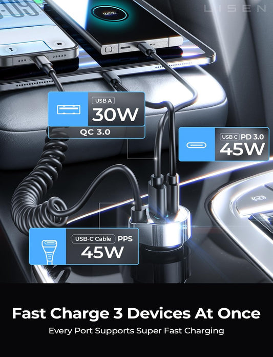 LISEN 90W for iPhone 17 16 15 Pro Max Car Charger USB C Fast Charge, Super Fast for iPhone 15 16 17 Pro Car Charger Type C Adapter