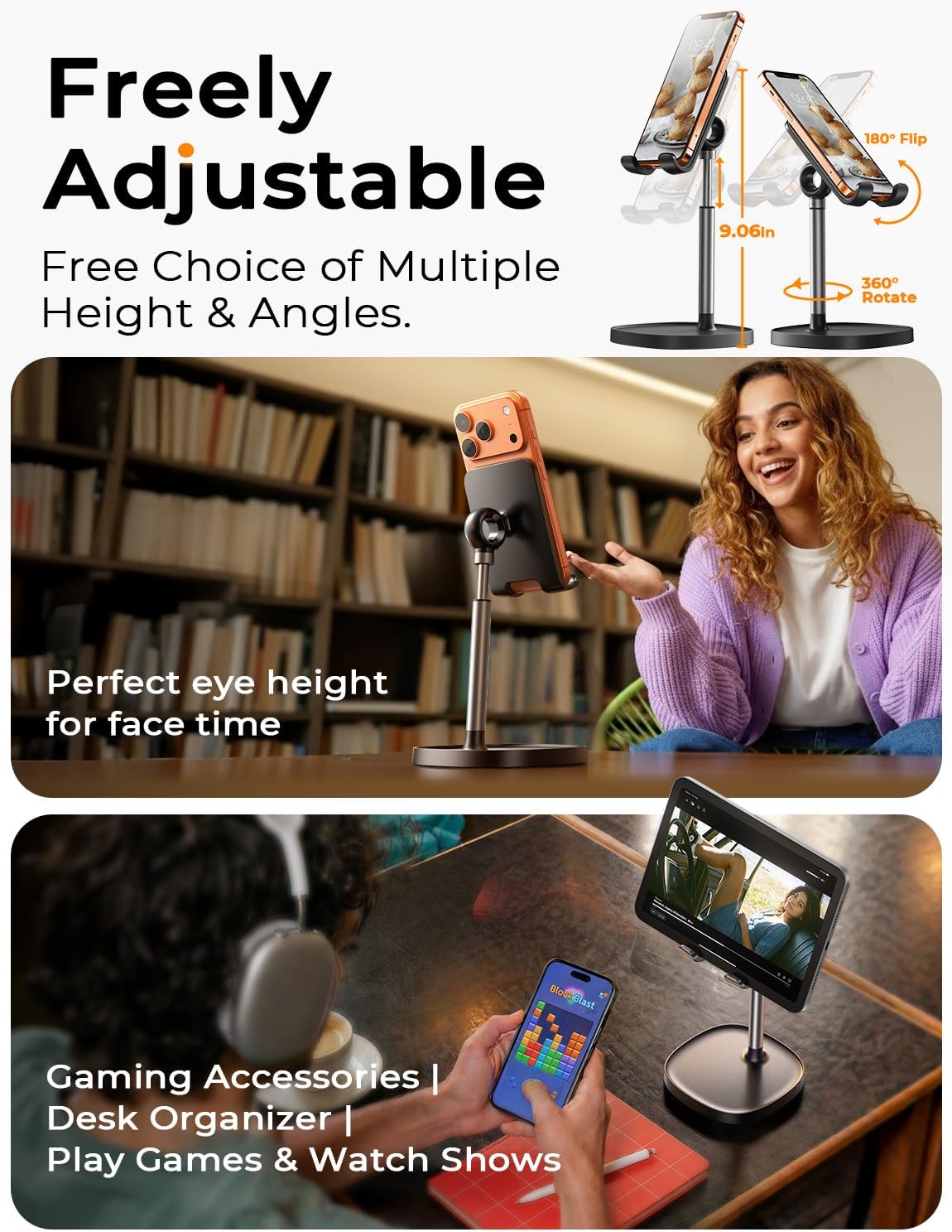 LISEN Cell Phone Stand Adjust for iPhone Phone Holder for Desk Recording, Gifts Women Office Desk Accessories PC Gaming Essentials Kitchen Gadgets