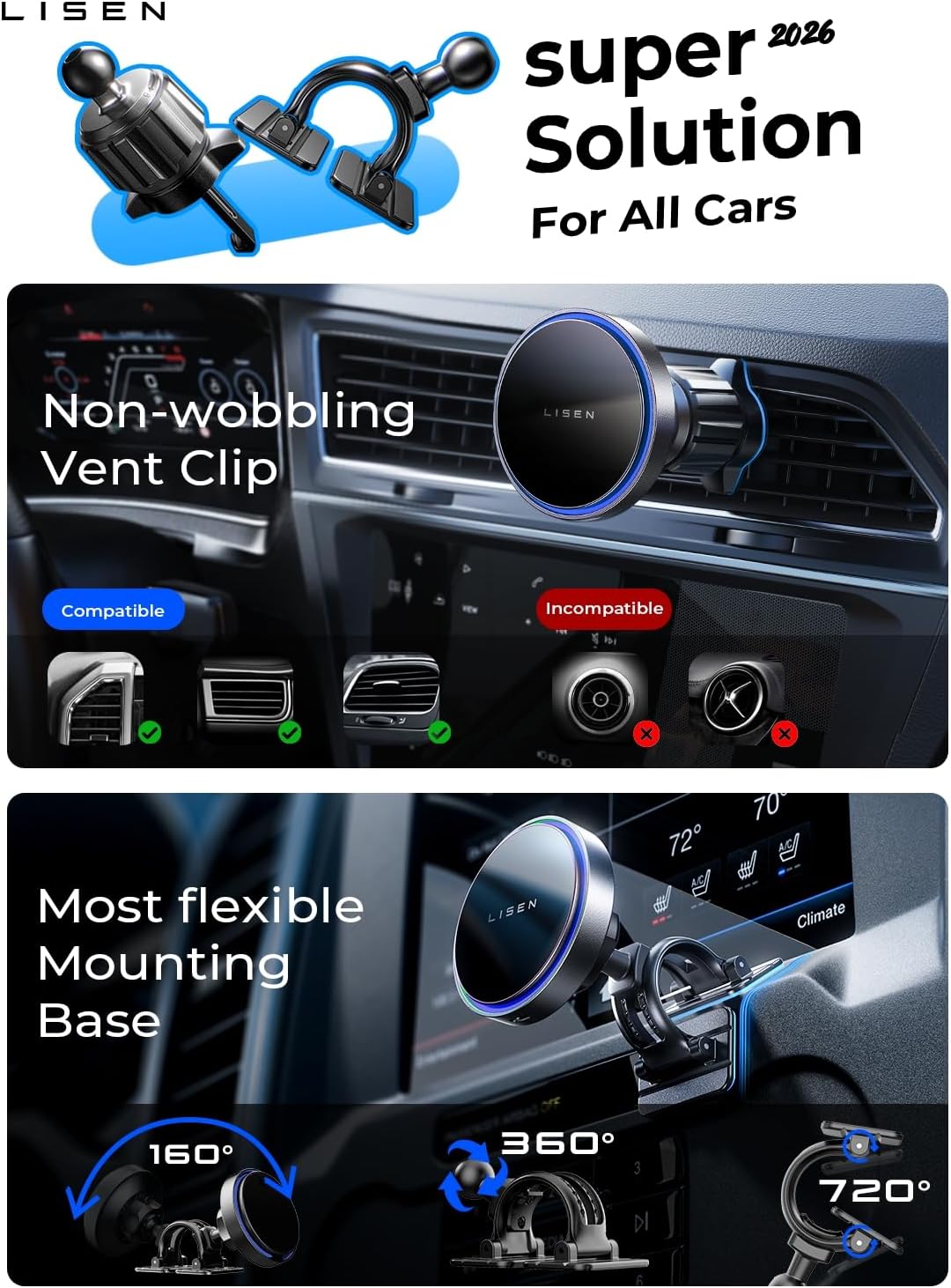 LISEN for 15W MagSafe Car Mount Charger, Magnetic Wireless Cars Charger, Magnetic Phone Holder for Cars, Phone Holders for Your Car Accessories