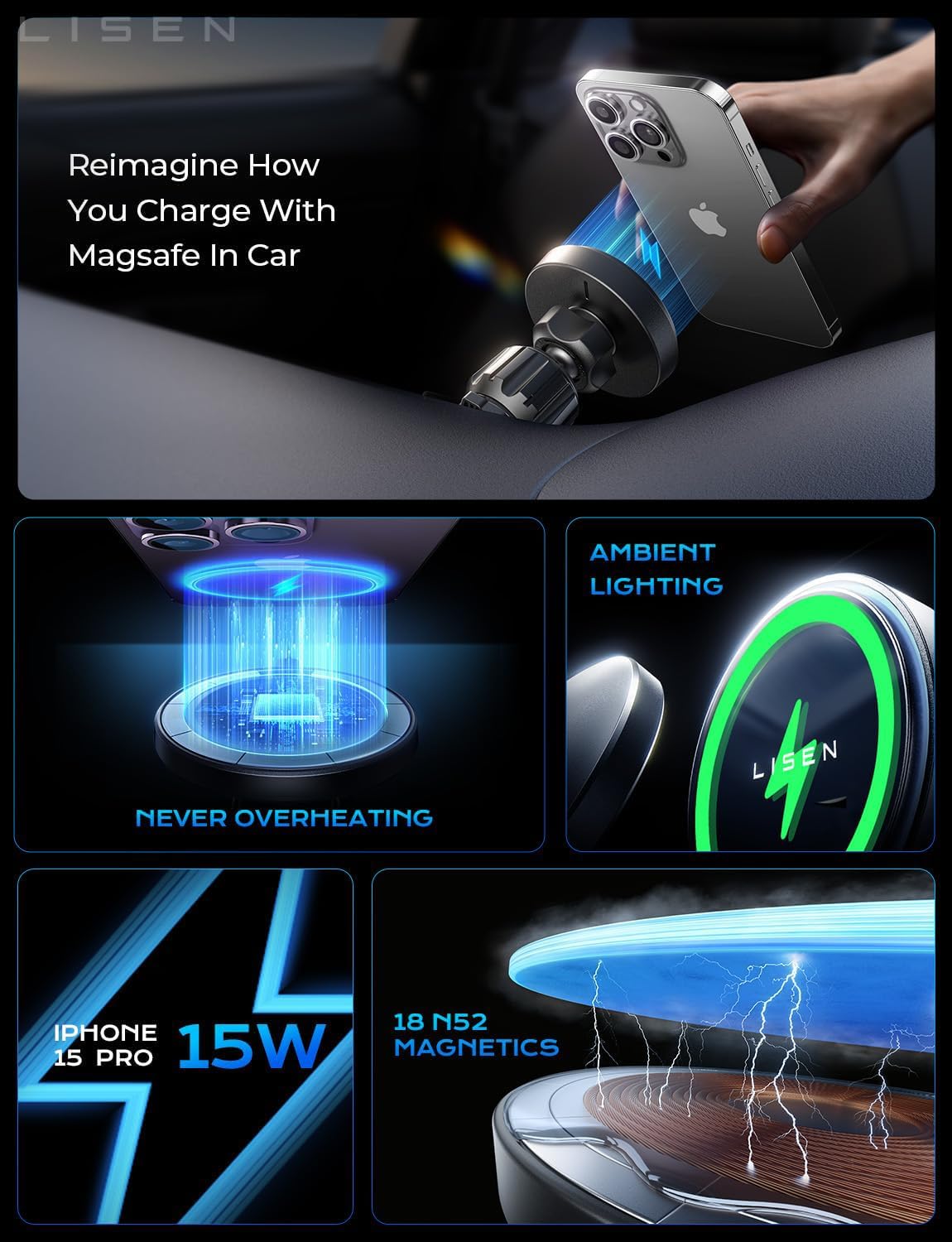 LISEN for 15W MagSafe Car Mount Charger, Magnetic Wireless Cars Charger, Magnetic Phone Holder for Cars, Phone Holders for Your Car Accessories