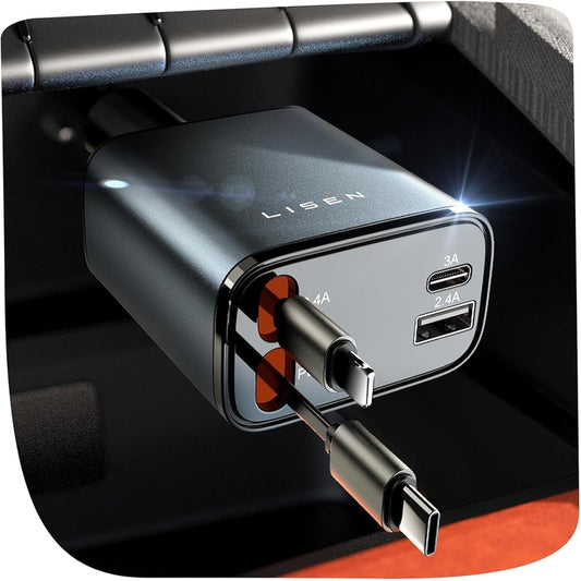 LISEN Retractable Car Charger, 69W Cars Adapter USB C Fast Charger for iPhone 17, Car Accessories for Men Women Drivers