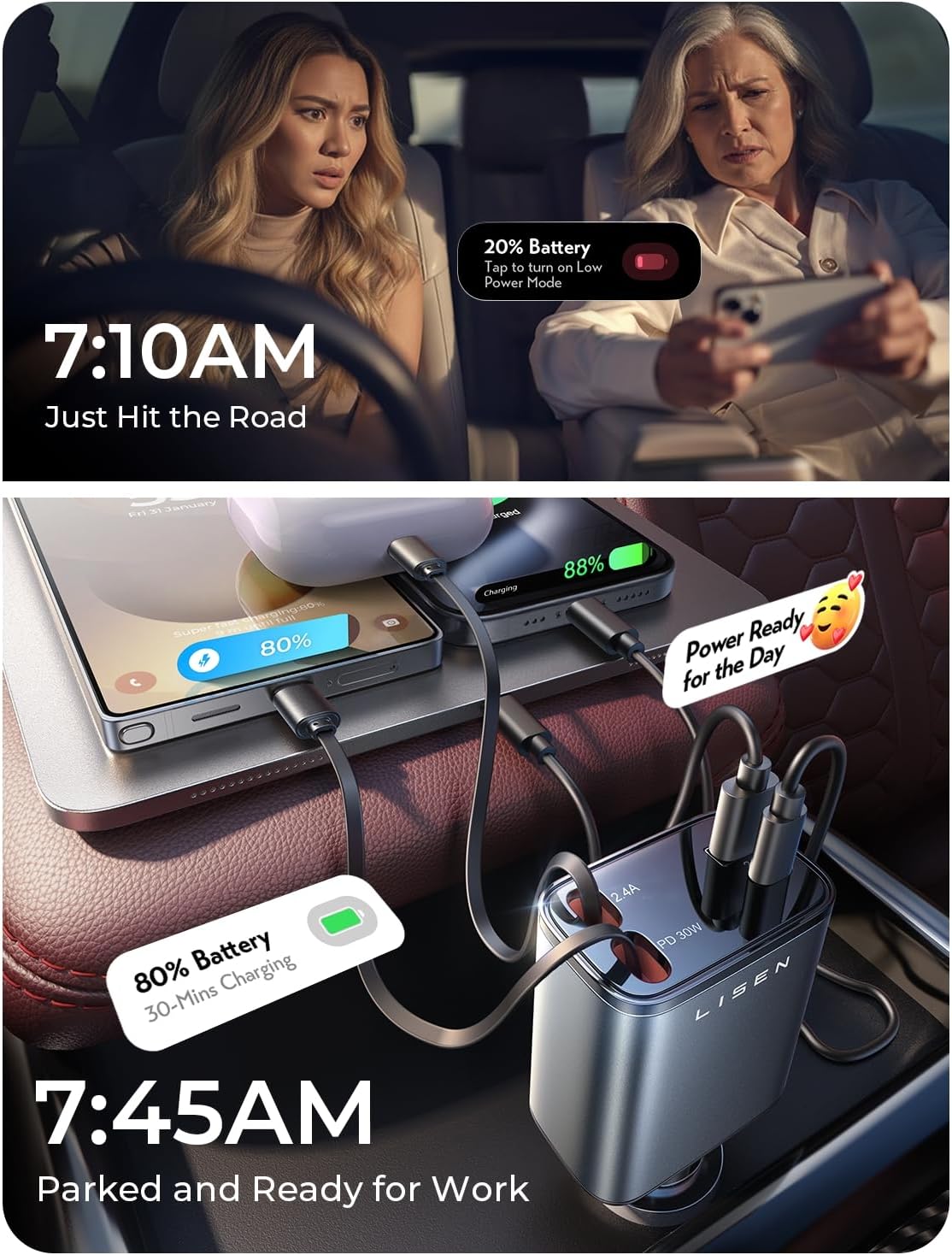 LISEN Retractable Car Charger, 69W Cars Adapter USB C Fast Charger for iPhone 17, Car Accessories for Men Women Drivers