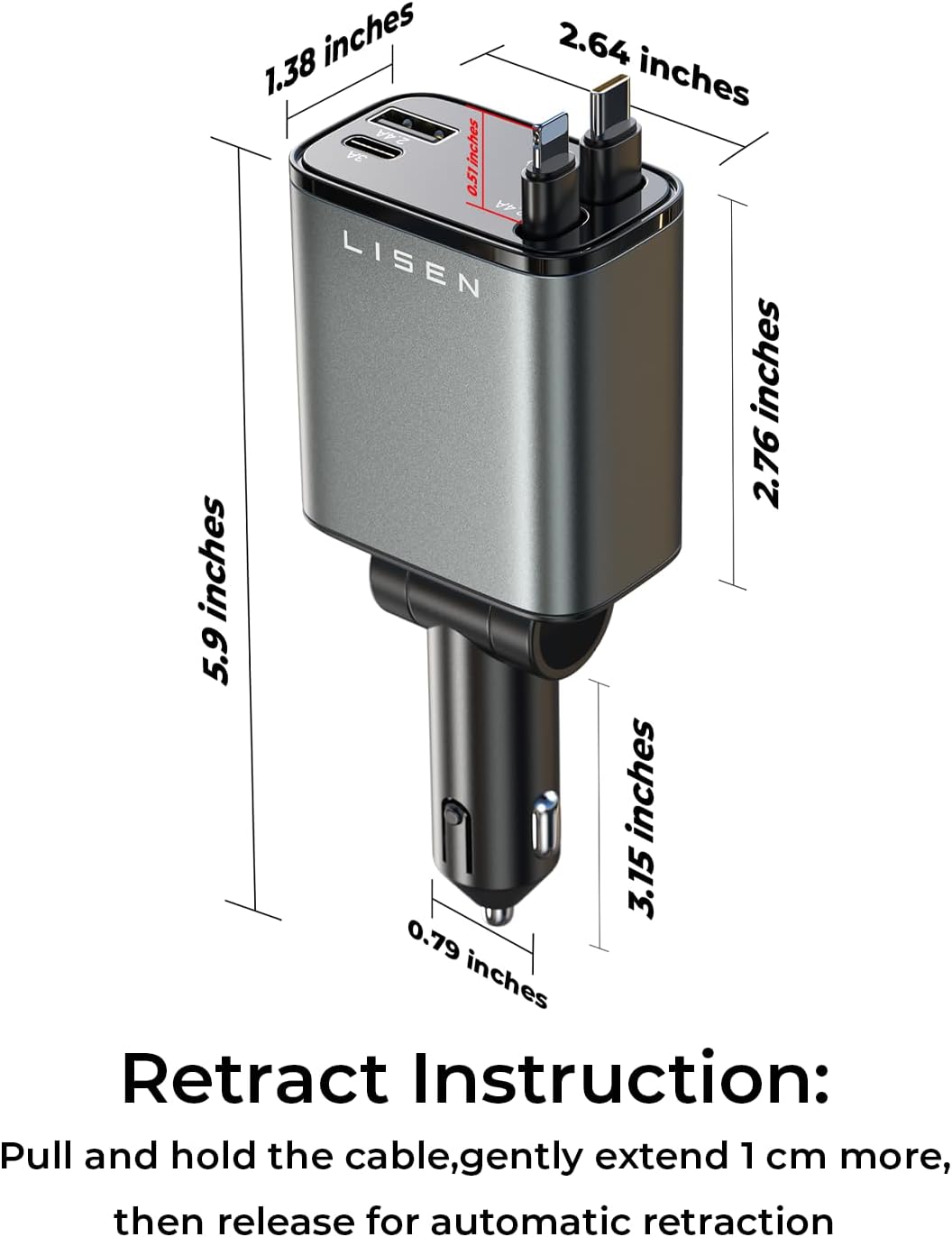 LISEN Retractable Car Charger, 69W Cars Adapter USB C Fast Charger for iPhone 17, Car Accessories for Men Women Drivers