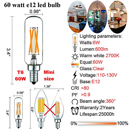 LiteHistory LED Bulb Dimmable 6W Equal Warm White 2700K T6 T25 E12 Candelabra Bulb 60 watt for Chandeliers, Ceiling Fan, Pendant