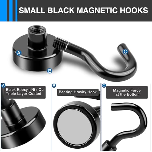 LOVIMAG Magnetic Hooks, 12 Pack 30lbs+ Magnet Hook Cruise Cabin Ship Essentials Heavy Duty Strong Magnets Refrigerator Fridge Hanging (Black)