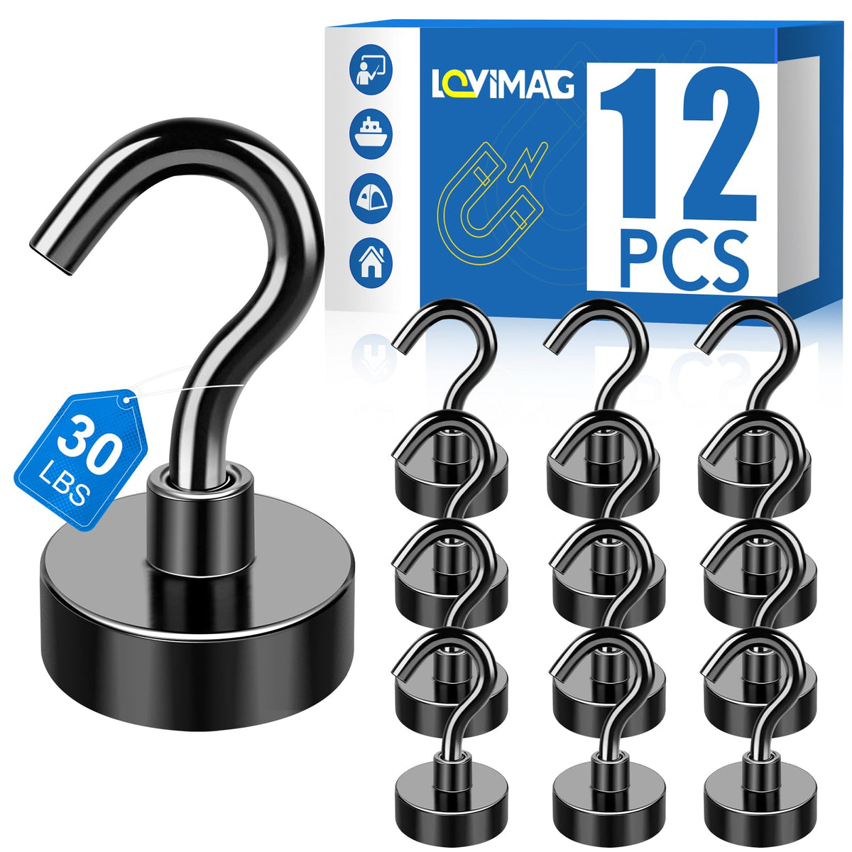 LOVIMAG Magnetic Hooks, 12 Pack 30lbs+ Magnet Hook Cruise Cabin Ship Essentials Heavy Duty Strong Magnets Refrigerator Fridge Hanging (Black)