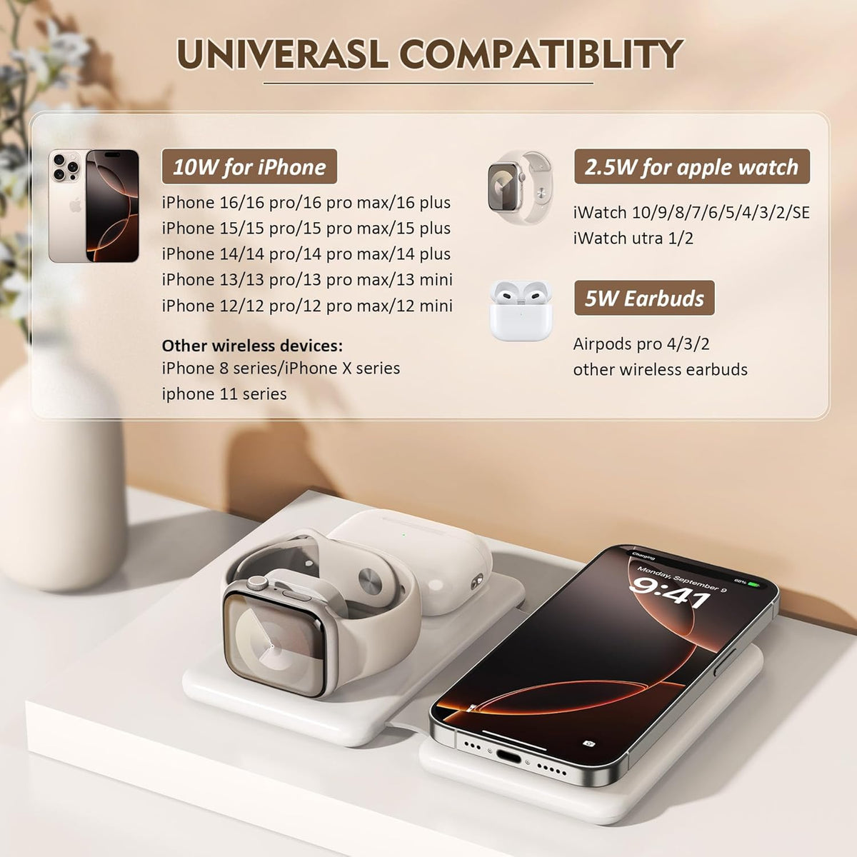 Magnetic Wireless Charger for iPhone, 3 in 1 Travel Charging Station for Apple Devices for iPhone 17 Air 16 15 14 13 12 Pro Max Plus