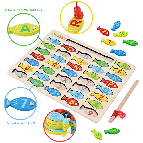Magnetic Wooden Fishing Game Toy for Toddlers, Alphabet Fish Catching Counting Games Puzzle with Numbers and Letters