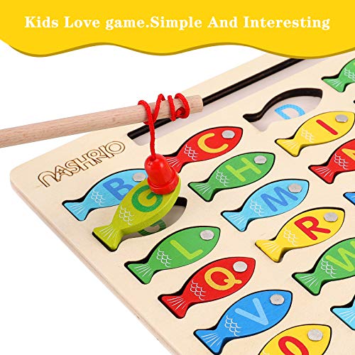Magnetic Wooden Fishing Game Toy for Toddlers, Alphabet Fish Catching Counting Games Puzzle with Numbers and Letters