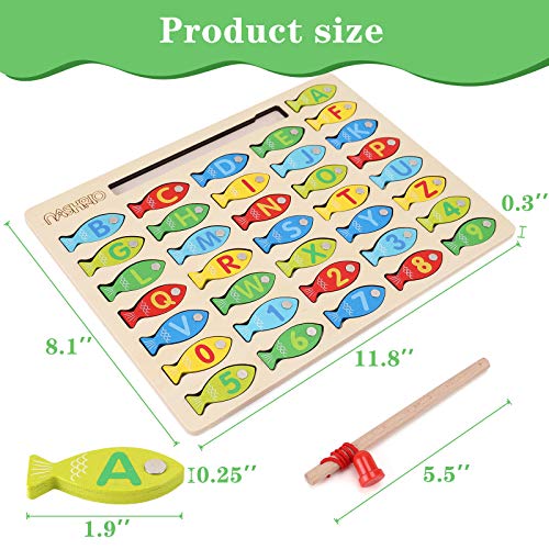 Magnetic Wooden Fishing Game Toy for Toddlers, Alphabet Fish Catching Counting Games Puzzle with Numbers and Letters
