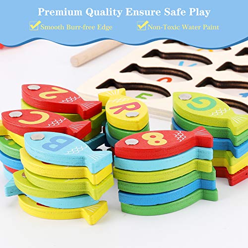Magnetic Wooden Fishing Game Toy for Toddlers, Alphabet Fish Catching Counting Games Puzzle with Numbers and Letters