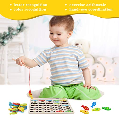 Magnetic Wooden Fishing Game Toy for Toddlers, Alphabet Fish Catching Counting Games Puzzle with Numbers and Letters
