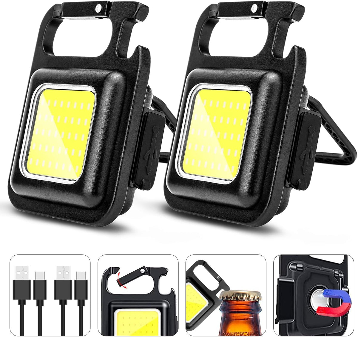 MAKDAK COB Rechargeable Keychain Flashlight 2Pack, High Lumen Super Bright LED Work Light with Magnet, Clip, Bottle Opener for Dog Walking, Car Repair