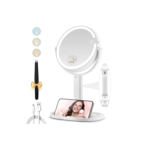 Makeup Mirror with Lights, Double Sided 1x/20x Magnifying Mirror with Light, Rechargeable 3 Color Lights and Adjustable Brightness (White)