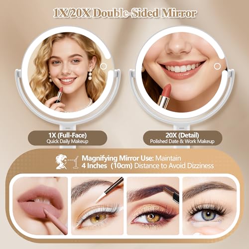 Makeup Mirror with Lights, Double Sided 1x/20x Magnifying Mirror with Light, Rechargeable 3 Color Lights and Adjustable Brightness (White)