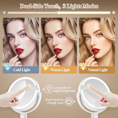 Makeup Mirror with Lights, Double Sided 1x/20x Magnifying Mirror with Light, Rechargeable 3 Color Lights and Adjustable Brightness (White)