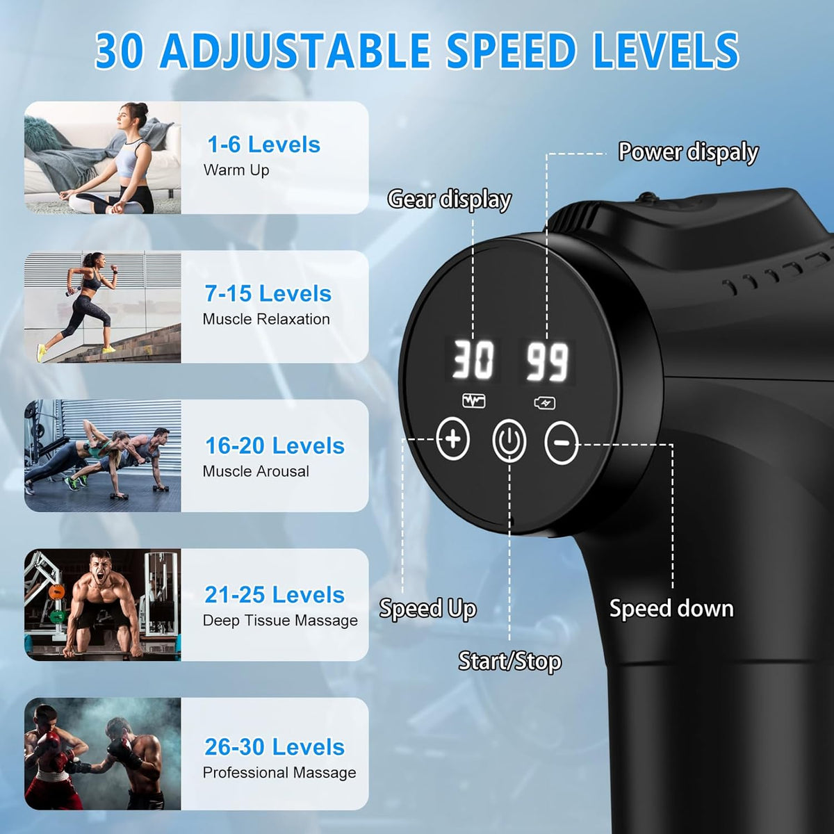 Massage Gun – Handheld Percussion Massager with 30 Speed Levels & 9 Massage Heads