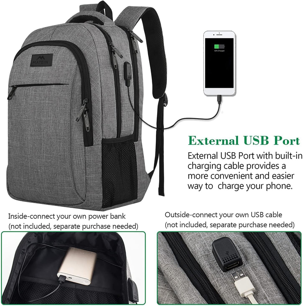 MATEIN Travel Laptop Backpack, Business Anti Theft Slim Sturdy Laptops Backpack with USB Charging Port (Grey)