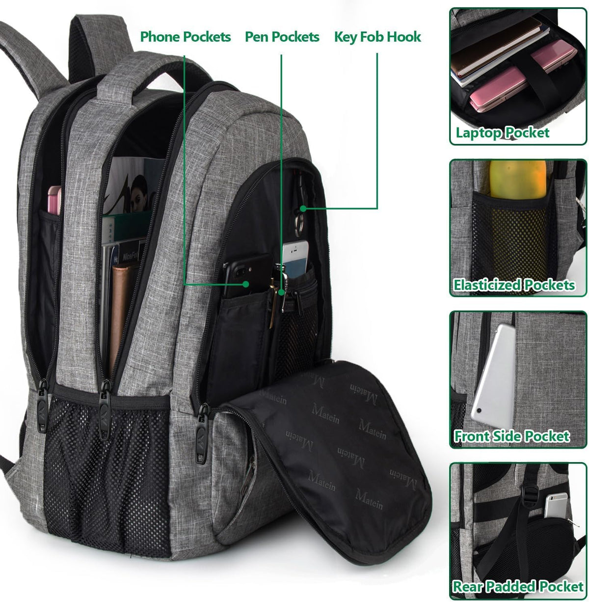MATEIN Travel Laptop Backpack, Business Anti Theft Slim Sturdy Laptops Backpack with USB Charging Port (Grey)