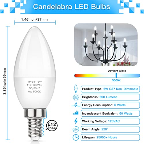 MAXvolador E12 LED Candelabra Light Bulbs 60W Equivalent, Daylight White 5000K 600 Lumen Chandelier Bulb, 6W B11 Candle Base, Non-Dimmable, Pack of 6