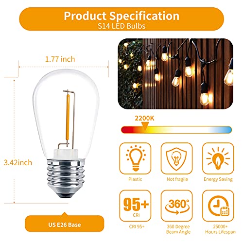 Meconard 24 Pack LED S14 Replacement Light Bulbs, Shatterproof Outdoor 1 Watt to Replace 11Watts String Incandescent Bulb