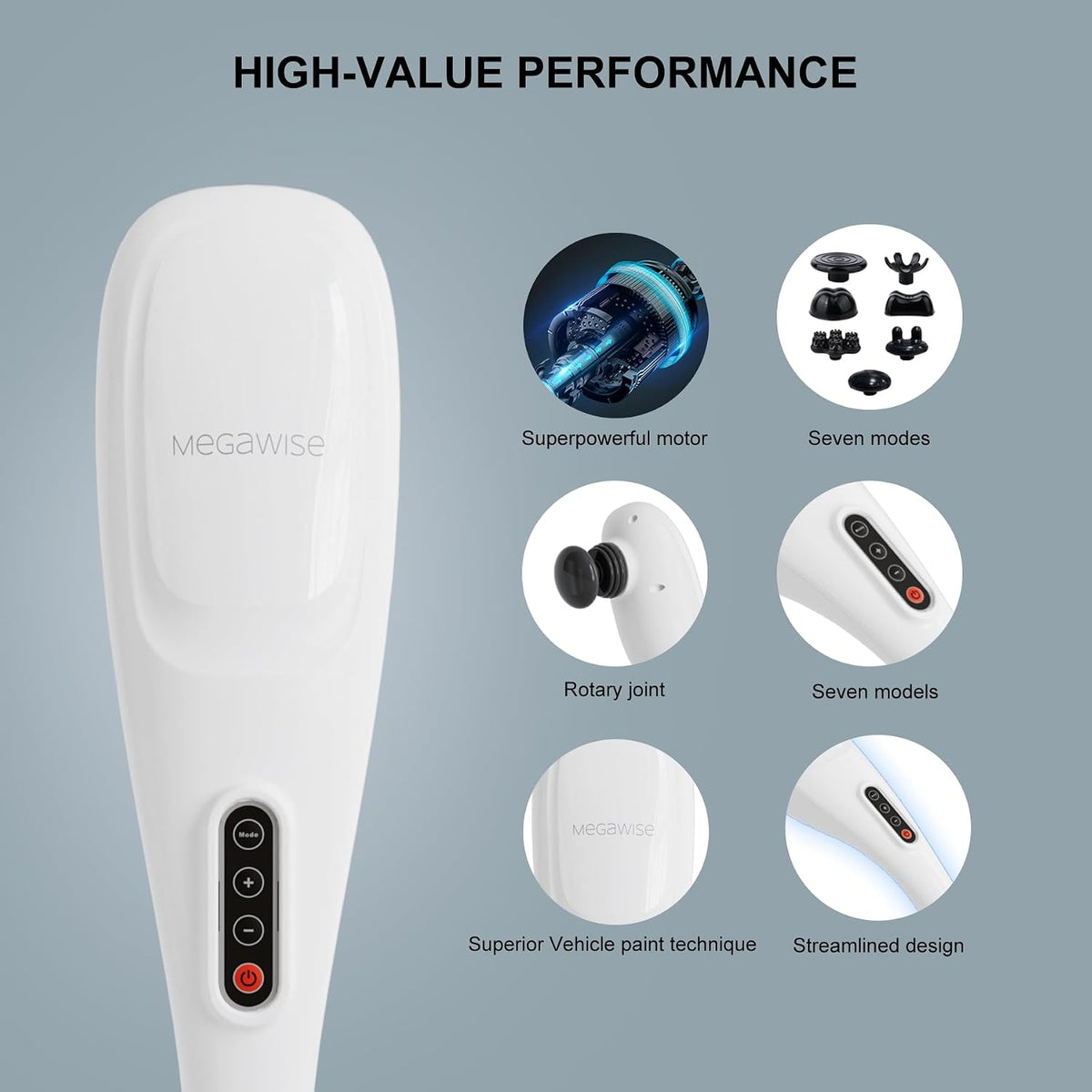 MEGAWISE Handheld Back Massager | Deep Tissue Percussion Massage for Back, Neck, Shoulders, Waist and Legs (Cordless Off-White)