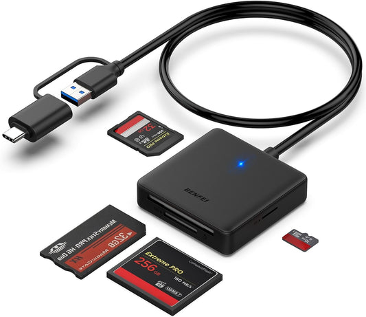 Memory Card Reader, BENFEI 4in1 USB 3.0 and USB-C to SD Micro SD MS CF Card Reader Adapter, 4 Cards Simultaneously Read and Write
