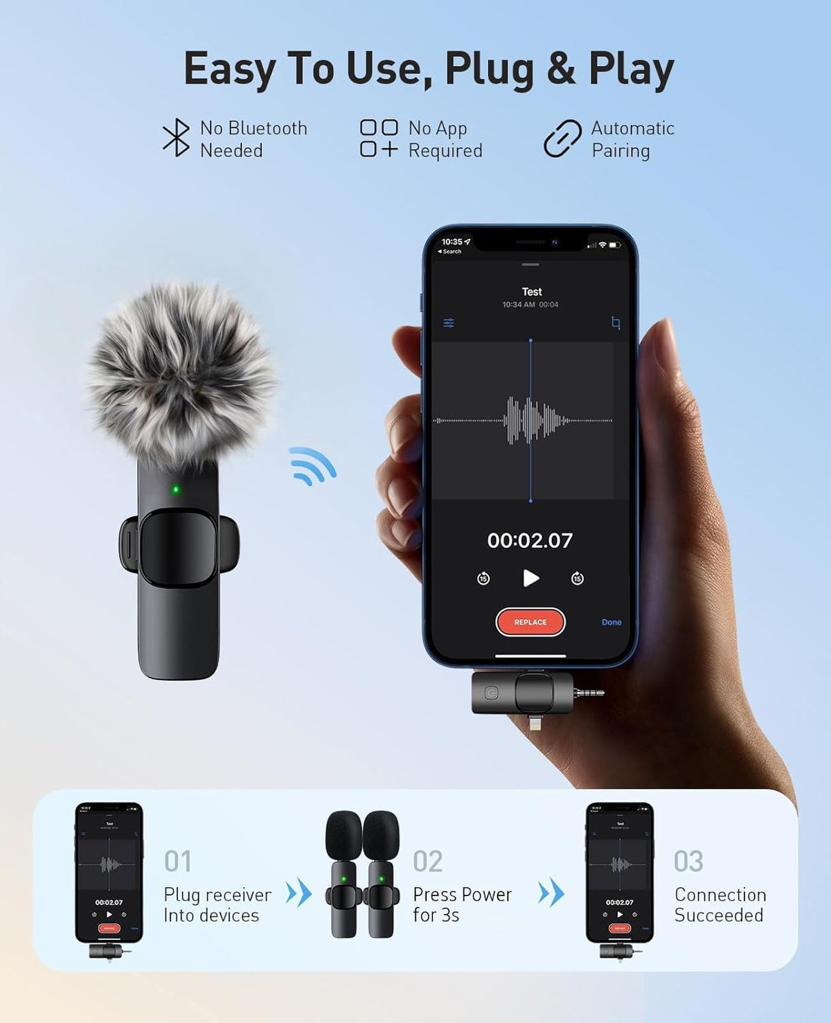 MENERESAS 3-in-1 Mini Microphone for iPhone, Wireless Lavalier Microphones for iOS/Android/Camera - Noise Reduction Lapel Mic