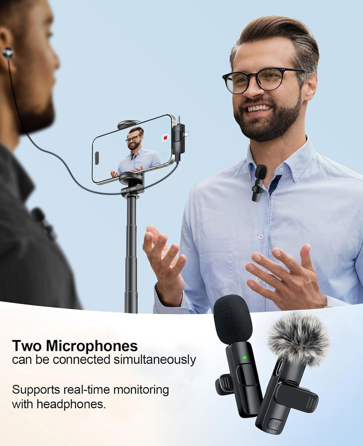 MENERESAS 3-in-1 Mini Microphone for iPhone, Wireless Lavalier Microphones for iOS/Android/Camera - Noise Reduction Lapel Mic