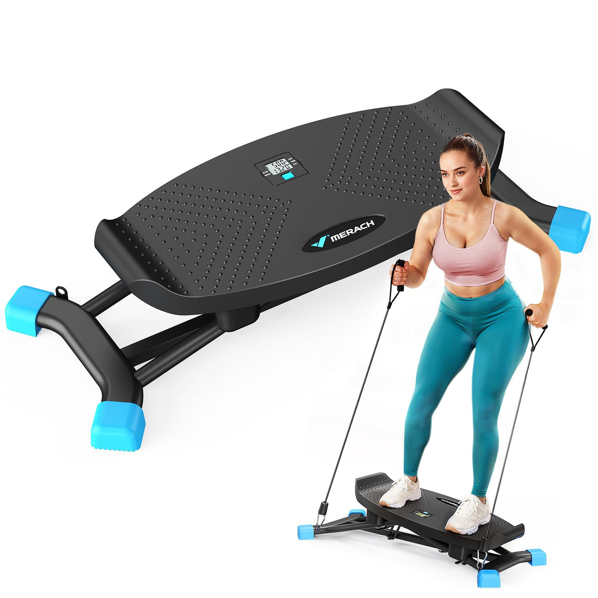 MERACH Balance Board for Adults, Rocking Stepper with Resistance Bands, Portable Wobble Board Featuring LCD Monitor