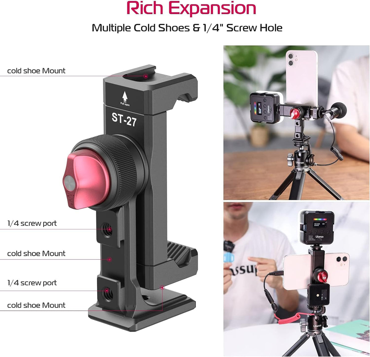 Metal Phone Tripod Mount 3 Cold Shoes & Arca Port, 360° Smartphone Tripod Adapter for iPhone 17 16 15 Cell Phone Stand Holder
