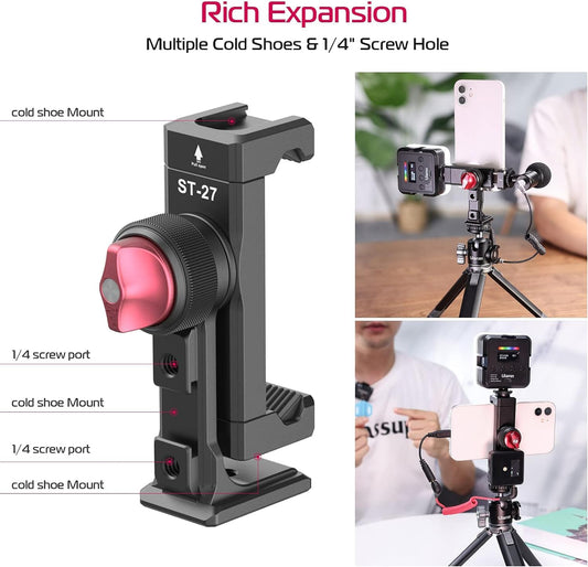 Metal Phone Tripod Mount 3 Cold Shoes & Arca Port, 360° Smartphone Tripod Adapter for iPhone 17 16 15 Cell Phone Stand Holder